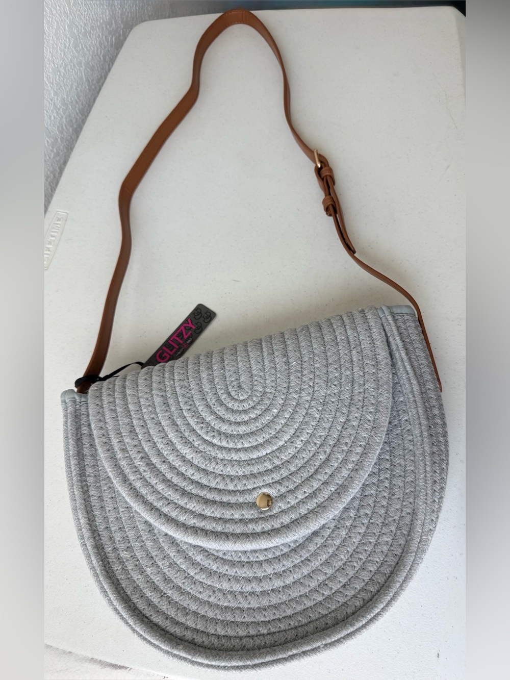 Glitzy Girlz Light Gray Woven Half-Moon Crossbody with Brown Strap